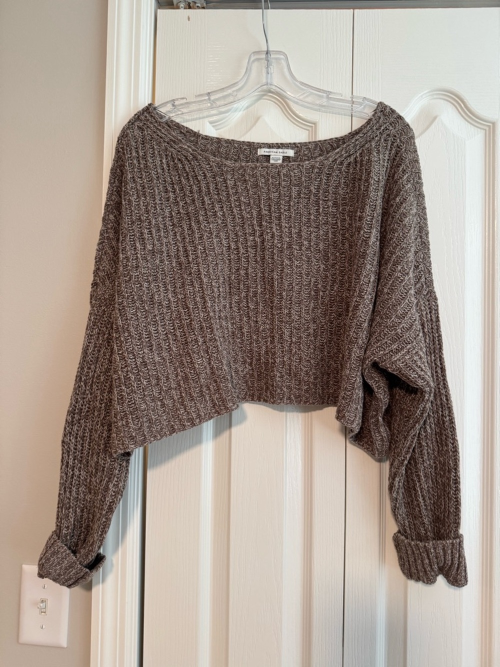 American Eagle Outfitters Ribbed Off-Shoulder Cropped Sweater - Taupe